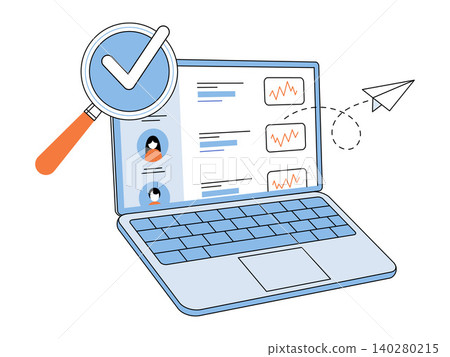 Laptop with user profiles and data charts with magnifying glass checkmark vector illustration. Recruitment, data analysis, screening, marketing, audit, communication. Computer showing dashboard Laptop with user profiles and data charts with magnifying glass checkmark vector illustration. Recruitment, data analysis, screening, marketing, audit, communication. Computer showing dashboard 140280215