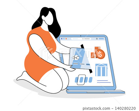 Woman inserting credit card into laptop vector illustration. Online shopping, digital banking, fintech, electronic payment, ecommerce, secure transaction. Female using bank card with computer 140280220