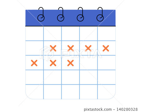 Calendar with orange cross marks on specific days vector illustration. Time management, project planning, deadline tracking, habit building, event scheduling, productivity. Planner with marked dates Calendar with orange cross marks on specific days vector illustration. Time management, project planning, deadline tracking, habit building, event scheduling, productivity. Planner with marked dates 140280328
