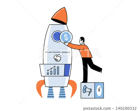 Man putting a dollar coin into a rocket vector illustration. Startup launch, financial investment, business growth, venture capital, marketing, project funding. Entrepreneur inserting money into 140280332
