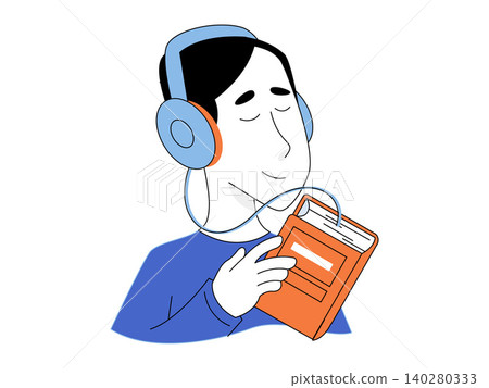 Man wearing headphones connected to a book vector illustration. Audiobook services, digital learning, online education, literature technology, podcasting, remote study. Person using headset 140280333