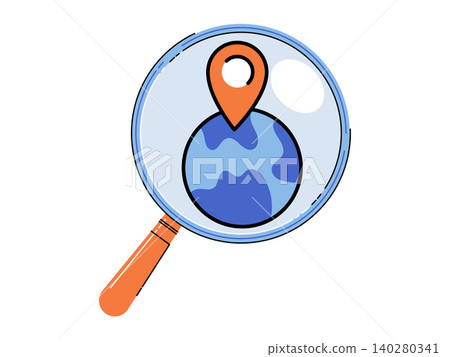 Magnifying glass focusing on a globe with a location pin vector illustration. Global search, travel, logistics, navigation, tourism, discovery. Loupe zooming on earth with map marker 140280341