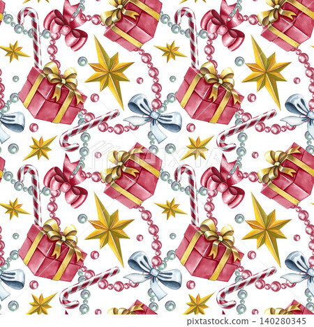 Seamless pattern with gift boxes, bows, beads, and other festive elements. Hand-drawn watercolor illustration. For textiles and home decor, curtains, tablecloths, wrapping paper, wallpaper, and more. Seamless pattern with gift boxes, bows, beads, and other festive elements. Hand-drawn watercolor illustration. For textiles and home decor, curtains, tablecloths, wrapping paper, wallpaper, and more. 140280345