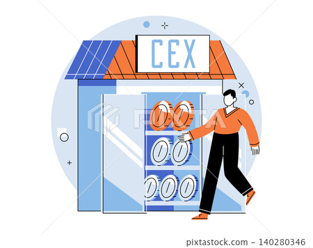 Man at a centralized exchange storefront with crypto coins vector illustration. Crypto trading, digital finance, blockchain investment, fintech, banking, asset management. Person at a CEX shop Man at a centralized exchange storefront with crypto coins vector illustration. Crypto trading, digital finance, blockchain investment, fintech, banking, asset management. Person at a CEX shop 140280346