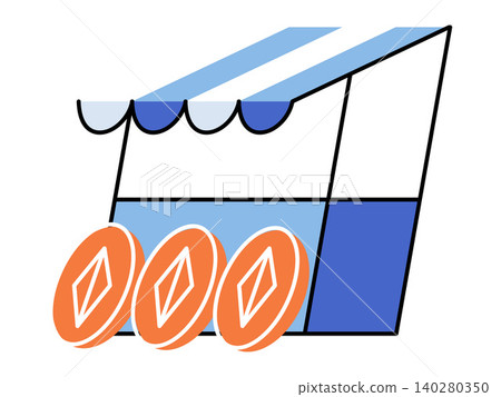 Blue storefront kiosk with three orange cryptocurrency coins vector illustration. Digital marketplace, blockchain commerce, fintech, crypto trading, online shop, virtual assets. Shop with tokens Blue storefront kiosk with three orange cryptocurrency coins vector illustration. Digital marketplace, blockchain commerce, fintech, crypto trading, online shop, virtual assets. Shop with tokens 140280350