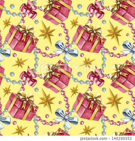 Seamless pattern with gift boxes, bows, beads, and stars. Hand-drawn watercolor illustration. Yellow background. For textiles and home decor, curtains, tablecloths, wrapping paper, wallpaper and more Seamless pattern with gift boxes, bows, beads, and stars. Hand-drawn watercolor illustration. Yellow background. For textiles and home decor, curtains, tablecloths, wrapping paper, wallpaper and more 140280352