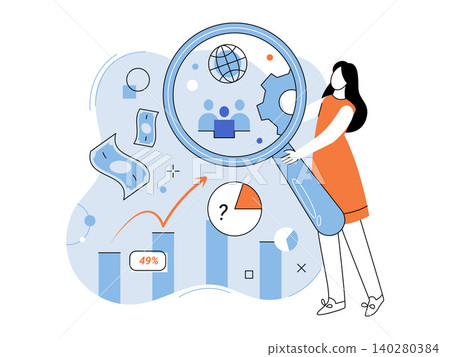 Woman holding a magnifying glass over business icons vector illustration. Market research, data analysis, auditing, global strategy, growth, recruitment. Female professional examining charts Woman holding a magnifying glass over business icons vector illustration. Market research, data analysis, auditing, global strategy, growth, recruitment. Female professional examining charts 140280384
