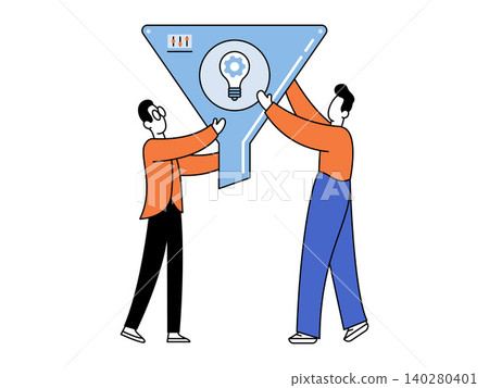 Two men holding a large blue funnel with a lightbulb vector illustration. Sales funnel, marketing, idea generation, business process, innovation, lead conversion. Male partners carrying a filter Two men holding a large blue funnel with a lightbulb vector illustration. Sales funnel, marketing, idea generation, business process, innovation, lead conversion. Male partners carrying a filter 140280401