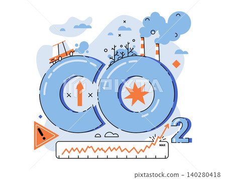 Carbon dioxide letters with factory smoke and car vector illustration. Global warming, environmental pollution, climate change, ecology, industrial impact, greenhouse effect. CO2 gas pollution Carbon dioxide letters with factory smoke and car vector illustration. Global warming, environmental pollution, climate change, ecology, industrial impact, greenhouse effect. CO2 gas pollution 140280418
