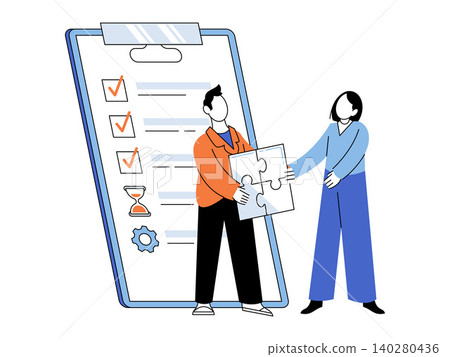 People holding puzzle piece near large checklist vector illustration. Teamwork, project management, strategy, problem solving, efficiency, collaboration. Man and woman with jigsaw part People holding puzzle piece near large checklist vector illustration. Teamwork, project management, strategy, problem solving, efficiency, collaboration. Man and woman with jigsaw part 140280436