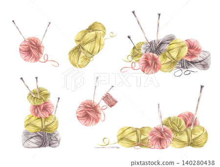 Balls of yarn threads, hobby handicraft set. Watercolor hand drawn illustration. Realistic green, pink skeins of string with knitting needles for Creative knitting, handmade label isolated on white. Balls of yarn threads, hobby handicraft set. Watercolor hand drawn illustration. Realistic green, pink skeins of string with knitting needles for Creative knitting, handmade label isolated on white. 140280438