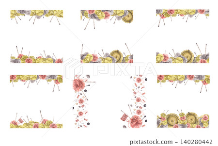 Watercolor yarn balls with knitting needles, thread spool, buttons and sewing pins frame set. Needlework, handicrafts, hobby label, card template. Watercolor hand drawn illustration isolated on white. Watercolor yarn balls with knitting needles, thread spool, buttons and sewing pins frame set. Needlework, handicrafts, hobby label, card template. Watercolor hand drawn illustration isolated on white. 140280442