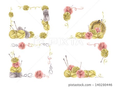 Balls of yarn threads in different color banner, frame set. Watercolor hand drawn illustration. Skeins of string with knitting needles. Female hobby, handicrafts label, card template isolated on white 140280446
