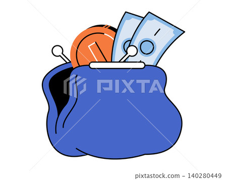 Blue coin purse with money and cash vector illustration. Personal finance, savings account, budget planning, payment methods, wealth management, economy growth. Small pouch containing currency Blue coin purse with money and cash vector illustration. Personal finance, savings account, budget planning, payment methods, wealth management, economy growth. Small pouch containing currency 140280449