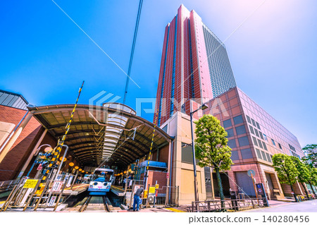 Unusual scenes of Tokyo, Japan. A view of the "Lucky Cat Train" at Sangenjaya Station on the Tokyu Setagaya Line, as well as Carrot Tower. Unusual scenes of Tokyo, Japan. A view of the "Lucky Cat Train" at Sangenjaya Station on the Tokyu Setagaya Line, as well as Carrot Tower. 140280456