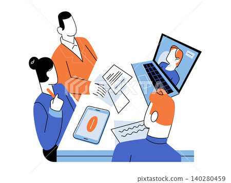 Team sitting at a desk with a laptop vector illustration. Hybrid work, corporate communication, digital collaboration, remote team, office meeting, project management. Staff working at a table Team sitting at a desk with a laptop vector illustration. Hybrid work, corporate communication, digital collaboration, remote team, office meeting, project management. Staff working at a table 140280459