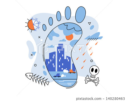 City skyline and cars inside a footprint vector illustration. Carbon footprint, climate change, pollution, ecology, global warming, impact. Urban buildings and traffic within a foot track City skyline and cars inside a footprint vector illustration. Carbon footprint, climate change, pollution, ecology, global warming, impact. Urban buildings and traffic within a foot track 140280463