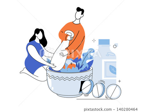 Man and woman grinding herbs in a mortar vector illustration. Natural medicine, herbal pharmacy, homeopathy, wellness, organic supplements, alternative therapy. Couple crushing plants Man and woman grinding herbs in a mortar vector illustration. Natural medicine, herbal pharmacy, homeopathy, wellness, organic supplements, alternative therapy. Couple crushing plants 140280464