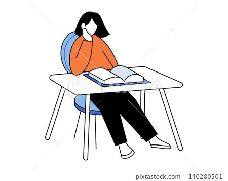 Woman sitting at a desk reading a book vector illustration. Education, personal growth, academic research, literature study, exam prep, library services. Female student looking at a textbook 140280501