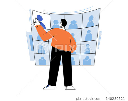 Man selecting a profile from a digital grid vector illustration. Video conferencing, recruitment, social networking, virtual meeting, team management, digital communication. Male picking an icon Man selecting a profile from a digital grid vector illustration. Video conferencing, recruitment, social networking, virtual meeting, team management, digital communication. Male picking an icon 140280521