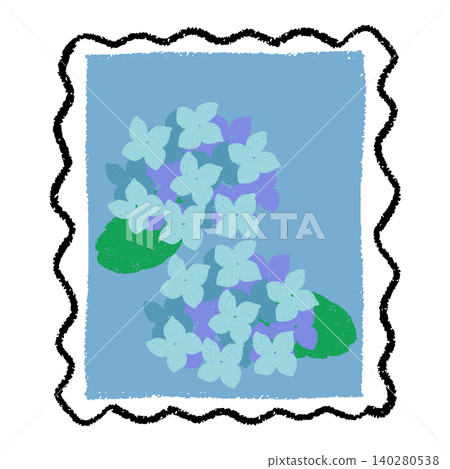 A hand-drawn illustration of hydrangeas in a stamp-style frame. A hand-drawn illustration of hydrangeas in a stamp-style frame. 140280538