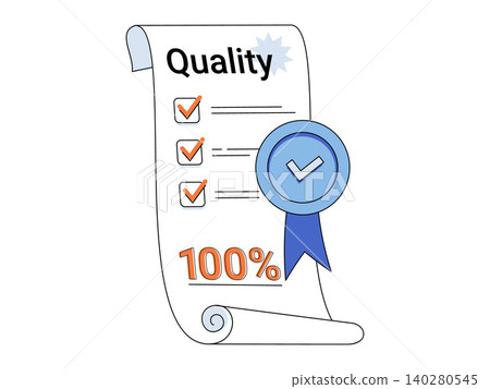 Quality certificate with checklist and seal vector illustration. Business standards, product certification, customer satisfaction, service excellence, compliance, guarantee. Verified paper record 140280545
