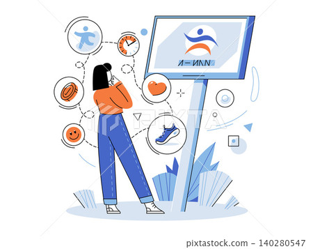 Woman looking at a digital screen with health icons vector illustration. Healthy lifestyle, fitness tracking, wellness goals, digital health, exercise, time management. Female viewing a display 140280547