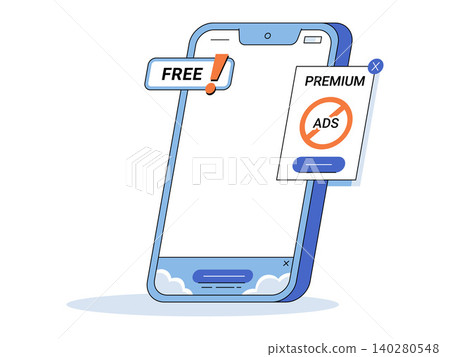 Smartphone with free and premium pop up windows vector illustration. App monetization, digital marketing, user experience, mobile ads, freemium model, software. Cellphone with membership alerts Smartphone with free and premium pop up windows vector illustration. App monetization, digital marketing, user experience, mobile ads, freemium model, software. Cellphone with membership alerts 140280548