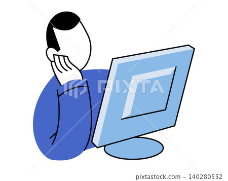 Man looking at a computer monitor vector illustration. Remote work, online education, digital browsing, office productivity, software development, data analysis. Person at a desktop display 140280552