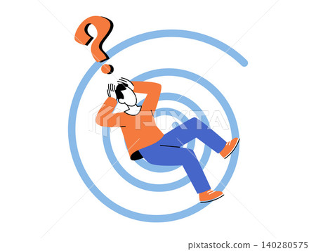 A man falling into a blue spiral with a question mark above his head vector illustration. Mental health, psychological stress, burnout, confusion, life crisis, uncertainty. Person tumbling into A man falling into a blue spiral with a question mark above his head vector illustration. Mental health, psychological stress, burnout, confusion, life crisis, uncertainty. Person tumbling into 140280575