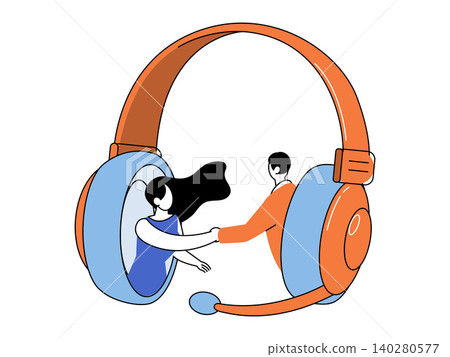 People shaking hands through a headset vector illustration. Customer support, remote partnership, online agreement, telemarketing, digital communication, help. Man and woman greeting via earphones People shaking hands through a headset vector illustration. Customer support, remote partnership, online agreement, telemarketing, digital communication, help. Man and woman greeting via earphones 140280577