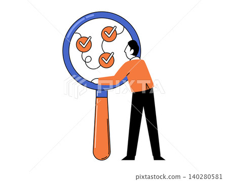 Man looking through a magnifying glass at checkmarks vector illustration. Audit, task management, process verification, data analysis, goal tracking, research. Male inspecting ticks with lens Man looking through a magnifying glass at checkmarks vector illustration. Audit, task management, process verification, data analysis, goal tracking, research. Male inspecting ticks with lens 140280581