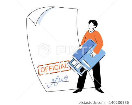 Man stamping a paper document vector illustration. Legal certification, document validation, official agreement, bureaucracy, workflow, authority. Clerk pressing a seal onto a contract Man stamping a paper document vector illustration. Legal certification, document validation, official agreement, bureaucracy, workflow, authority. Clerk pressing a seal onto a contract 140280586
