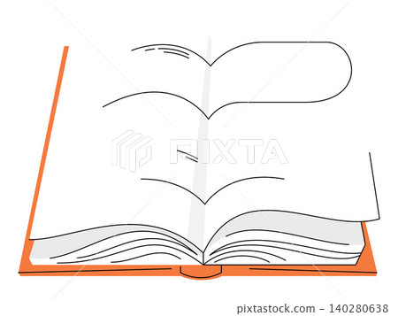 Open book with flipping pages vector illustration. Education, literature, academic study, library services, storytelling, knowledge sharing. Textbook with moving sheets and orange cover Open book with flipping pages vector illustration. Education, literature, academic study, library services, storytelling, knowledge sharing. Textbook with moving sheets and orange cover 140280638