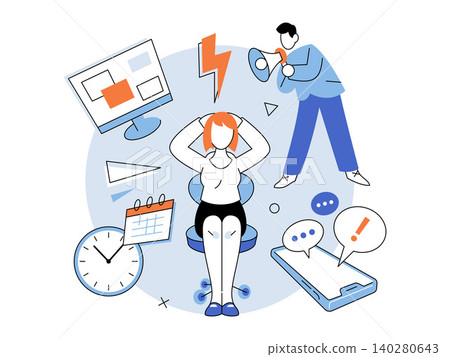 Stressed woman at desk with man shouting through megaphone vector illustration. Workplace stress, burnout, toxic culture, deadline pressure, mental health, management. Overwhelmed worker with loud Stressed woman at desk with man shouting through megaphone vector illustration. Workplace stress, burnout, toxic culture, deadline pressure, mental health, management. Overwhelmed worker with loud 140280643