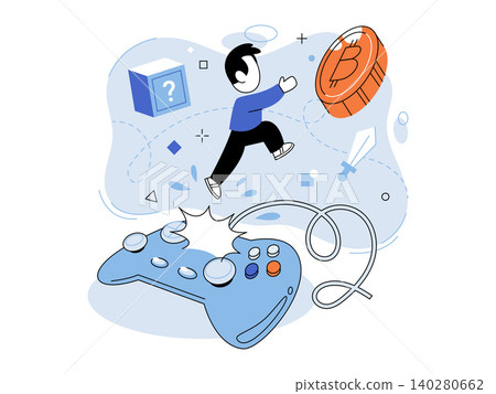 Character jumping from gamepad to bitcoin vector illustration. Play to earn, crypto gaming, blockchain, digital assets, metaverse, online economy. Gamer leaping to cryptocurrency token Character jumping from gamepad to bitcoin vector illustration. Play to earn, crypto gaming, blockchain, digital assets, metaverse, online economy. Gamer leaping to cryptocurrency token 140280662