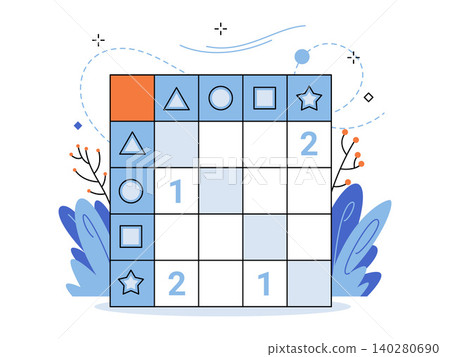 Logic puzzle grid with geometric shapes and numbers vector illustration. Data analysis, cognitive training, education, strategy, problem solving, math logic. Matrix table with symbols 140280690