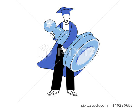 Graduate in a cap and gown holding a large chess pawn vector illustration. Education strategy, career planning, academic success, future goals, strategic thinking, graduation. Student with a game Graduate in a cap and gown holding a large chess pawn vector illustration. Education strategy, career planning, academic success, future goals, strategic thinking, graduation. Student with a game 140280693