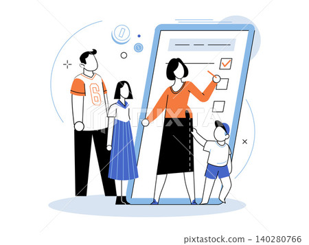 Family using a smartphone for a digital checklist vector illustration. Online education, school enrollment, digital planning, family organization, mobile app, task management. Group using a phone Family using a smartphone for a digital checklist vector illustration. Online education, school enrollment, digital planning, family organization, mobile app, task management. Group using a phone 140280766