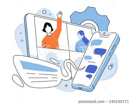 People having a video call on a tablet and mobile chat vector illustration. Remote work, digital communication, virtual meeting, collaboration, support, telecommuting. Users in a web conference People having a video call on a tablet and mobile chat vector illustration. Remote work, digital communication, virtual meeting, collaboration, support, telecommuting. Users in a web conference 140280771