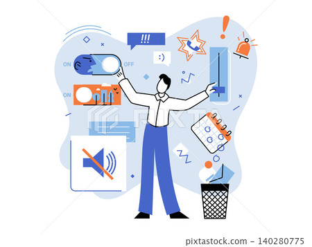 Person managing digital notifications and settings vector illustration. Digital detox, mental health, productivity, focus, information overload, time management. Man controlling online noise Person managing digital notifications and settings vector illustration. Digital detox, mental health, productivity, focus, information overload, time management. Man controlling online noise 140280775
