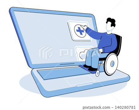 Man in wheelchair points to medical icon on laptop vector illustration. Telehealth, accessibility, online medicine, digital health, remote care, disability. Disabled patient using computer Man in wheelchair points to medical icon on laptop vector illustration. Telehealth, accessibility, online medicine, digital health, remote care, disability. Disabled patient using computer 140280781
