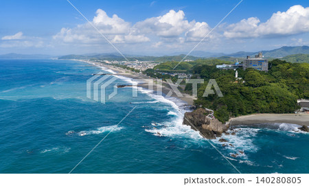Panoramic aerial view of Katsurahama Beach in Kochi City and the Pacific coast. Panoramic aerial view of Katsurahama Beach in Kochi City and the Pacific coast. 140280805
