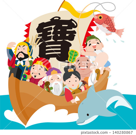 The Seven Lucky Gods on a treasure ship and swimming dolphins; a touch without outlines. 140280867