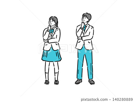高中男生女生擺出思考的姿勢。 高中男生女生擺出思考的姿勢。 140280889