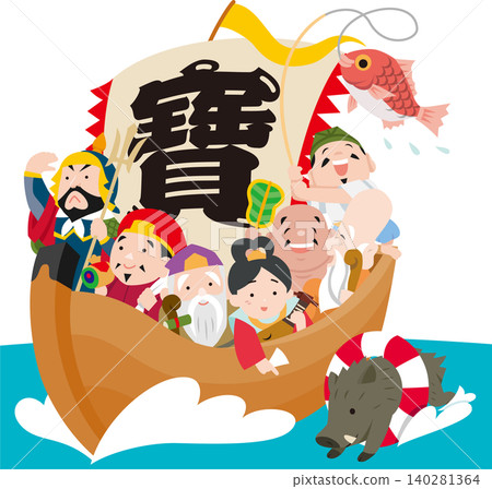一幅沒有輪廓的插圖，描繪了七福神乘坐寶船和一頭游泳的野豬，代表中國十二生肖。 140281364