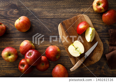 Apple. Ripe juicy red apple fruits with natural vitamins and antioxidants, healthy food, top view Apple. Ripe juicy red apple fruits with natural vitamins and antioxidants, healthy food, top view 140281516