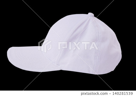 Classic White Cotton Baseball Cap: Blank Twill Unbranded Hat Design isolated on black background Classic White Cotton Baseball Cap: Blank Twill Unbranded Hat Design isolated on black background 140281539