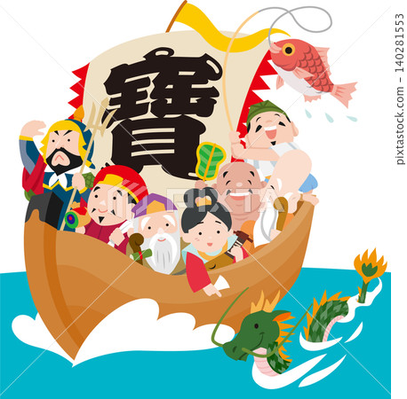 一幅沒有輪廓的插圖,描繪了七福神乘坐寶船,以及十二生肖動物之一的龍在水中游動。 一幅沒有輪廓的插圖,描繪了七福神乘坐寶船,以及十二生肖動物之一的龍在水中游動。 140281553