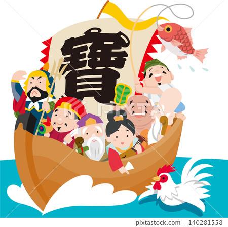 一幅沒有輪廓的插圖，描繪了七福神乘坐寶船，以及正在游泳的生肖雞。 140281558